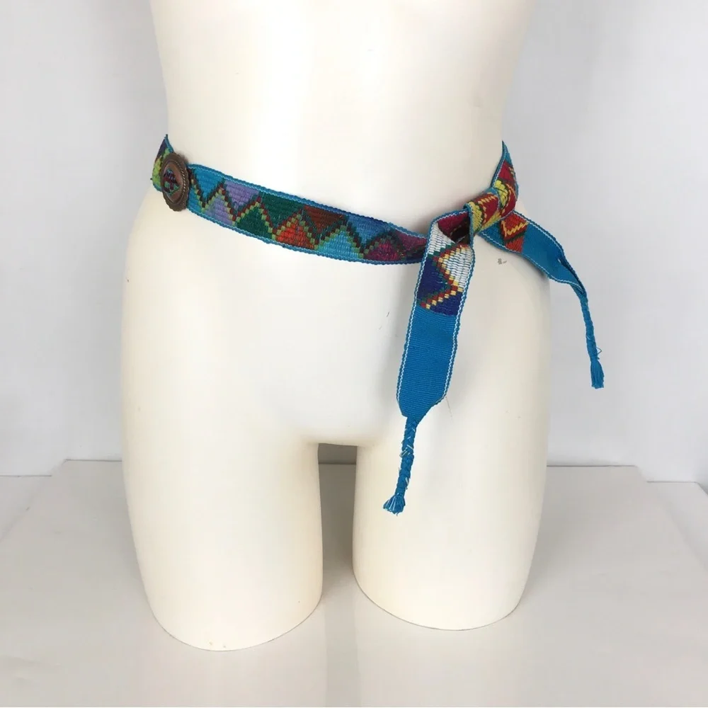 Vintage Colorful Western Handwoven Belt Copper Conchos Cowgirl Festival Tribal